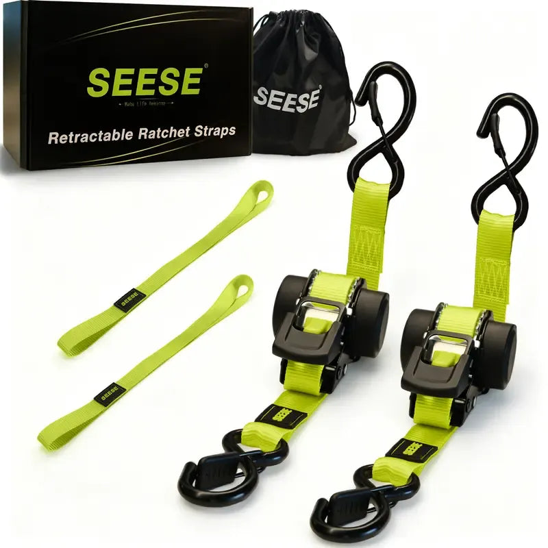 SEESE Sturdy Retractable Ratchet Straps 1"x 11 ft-1550 LB Break Strength Cargo Straps for Moving Appliances, Lawn Equipment, Motorcycle Green ,Halloween gifts