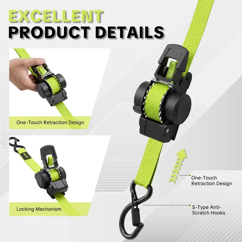 SEESE Sturdy Retractable Ratchet Straps 1"x 11 ft-1550 LB Break Strength Cargo Straps for Moving Appliances, Lawn Equipment, Motorcycle Green ,Halloween gifts