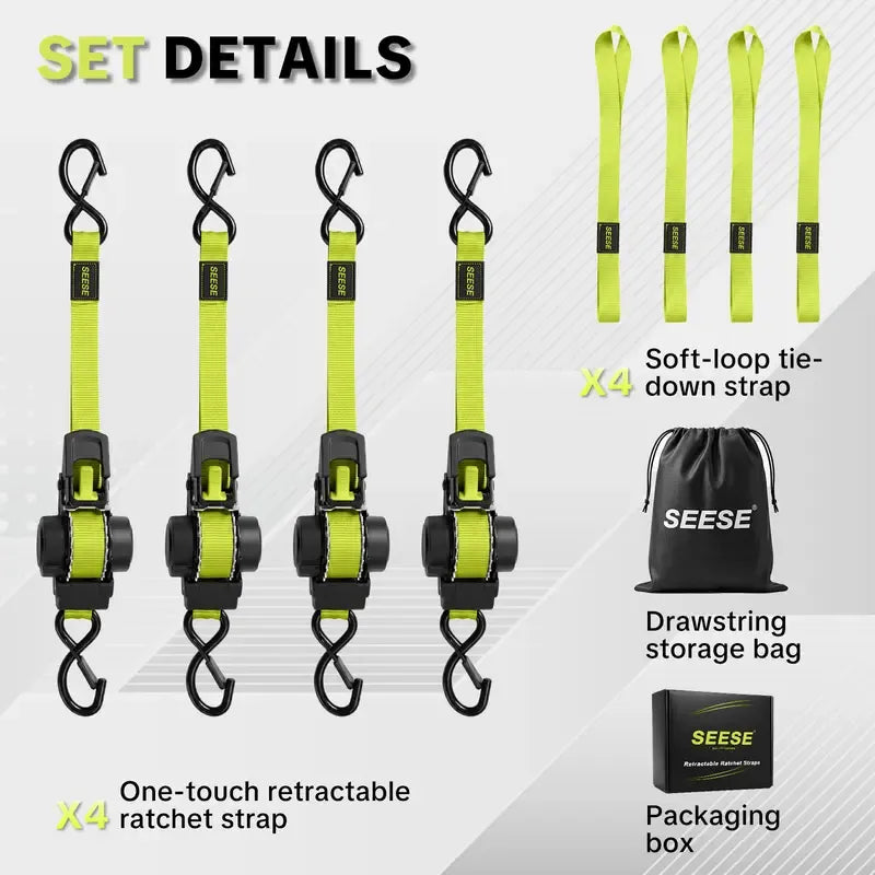 SEESE Sturdy Retractable Ratchet Straps 1"x 11 ft-1550 LB Break Strength Cargo Straps for Moving Appliances, Lawn Equipment, Motorcycle Green ,Halloween gifts