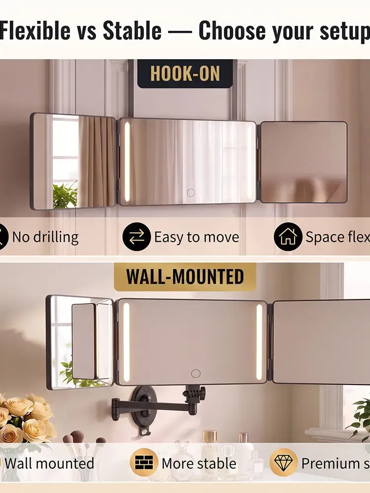 Umitec Adjustable 3-Way LED Mirror - Adjustable Portable Trifold Vanity Mirror for Shaving, Grooming, Cool Gifts for Adults, Christmas Gifts for Husband