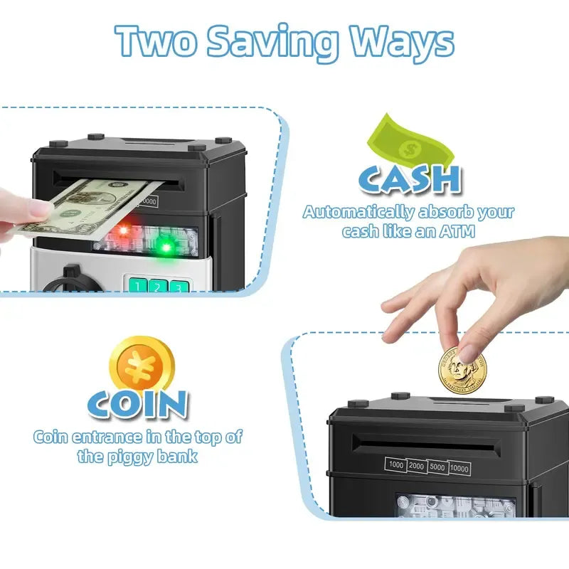 Piggy Bank for Kids Adults, Electronic ATM Coin Cash Bank with Password Code Lock and Auto Grab Bill Slot, Large Capacity Coin Bank Money Jar for Adults, Designed for All US Coins, Capacity 10000+