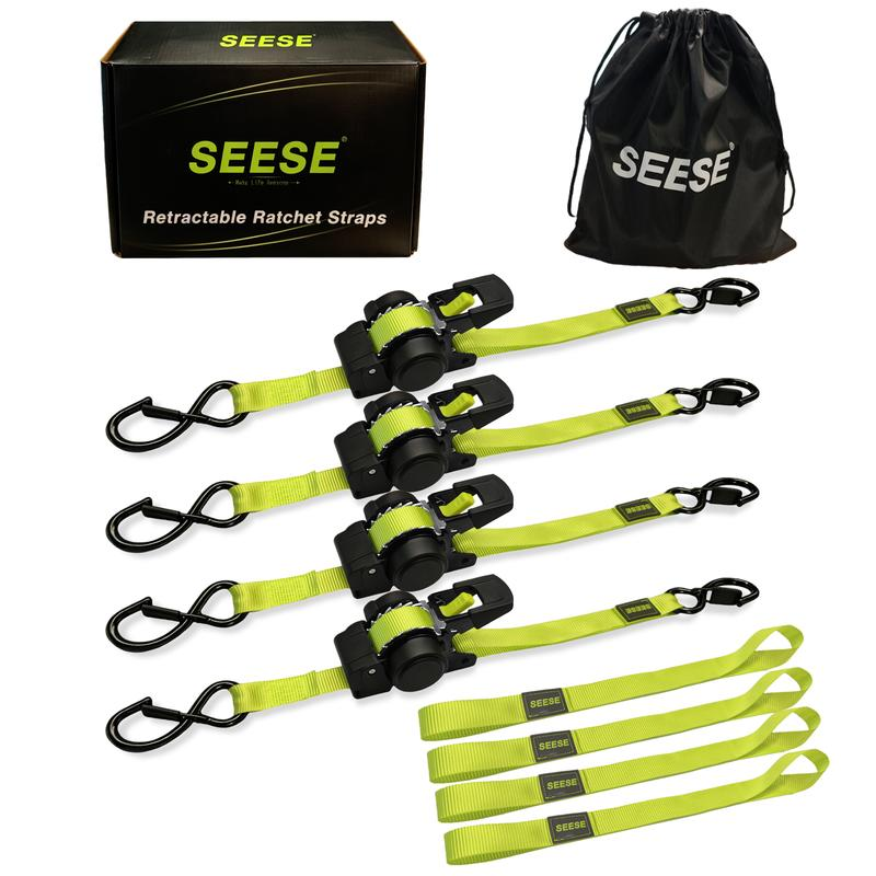 SEESE Sturdy Retractable Ratchet Straps 1"x 11 ft-1550 LB Break Strength Cargo Straps for Moving Appliances, Lawn Equipment, Motorcycle Green ,Halloween gifts